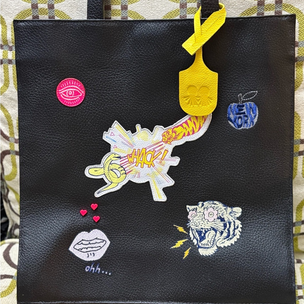 Min and Mon Embroidered Patchwork Black Leather Tote Bag